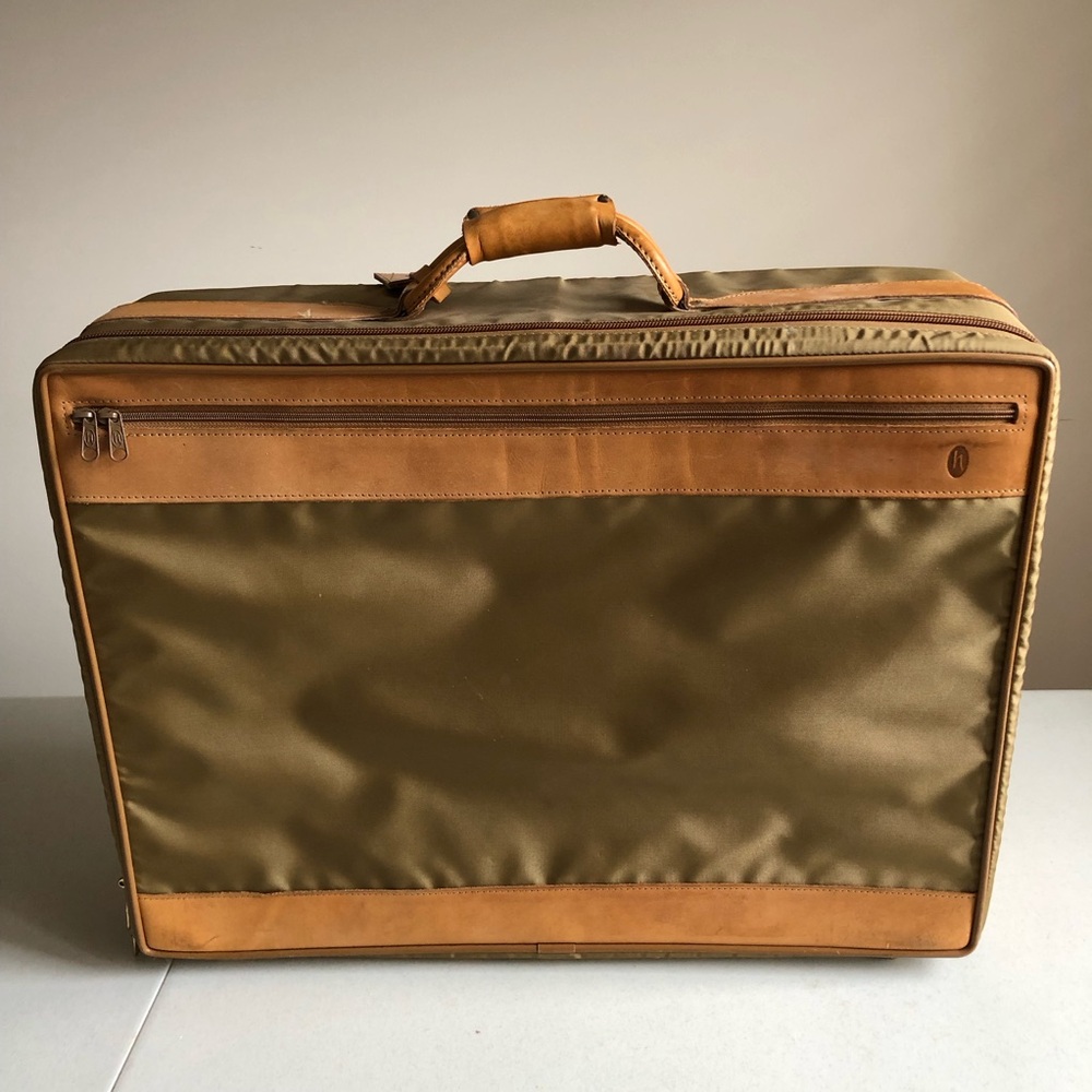 Vintage Hartmann Nylon Suitcase w/Outside Pocket In Olive w/Tan Leather Trim